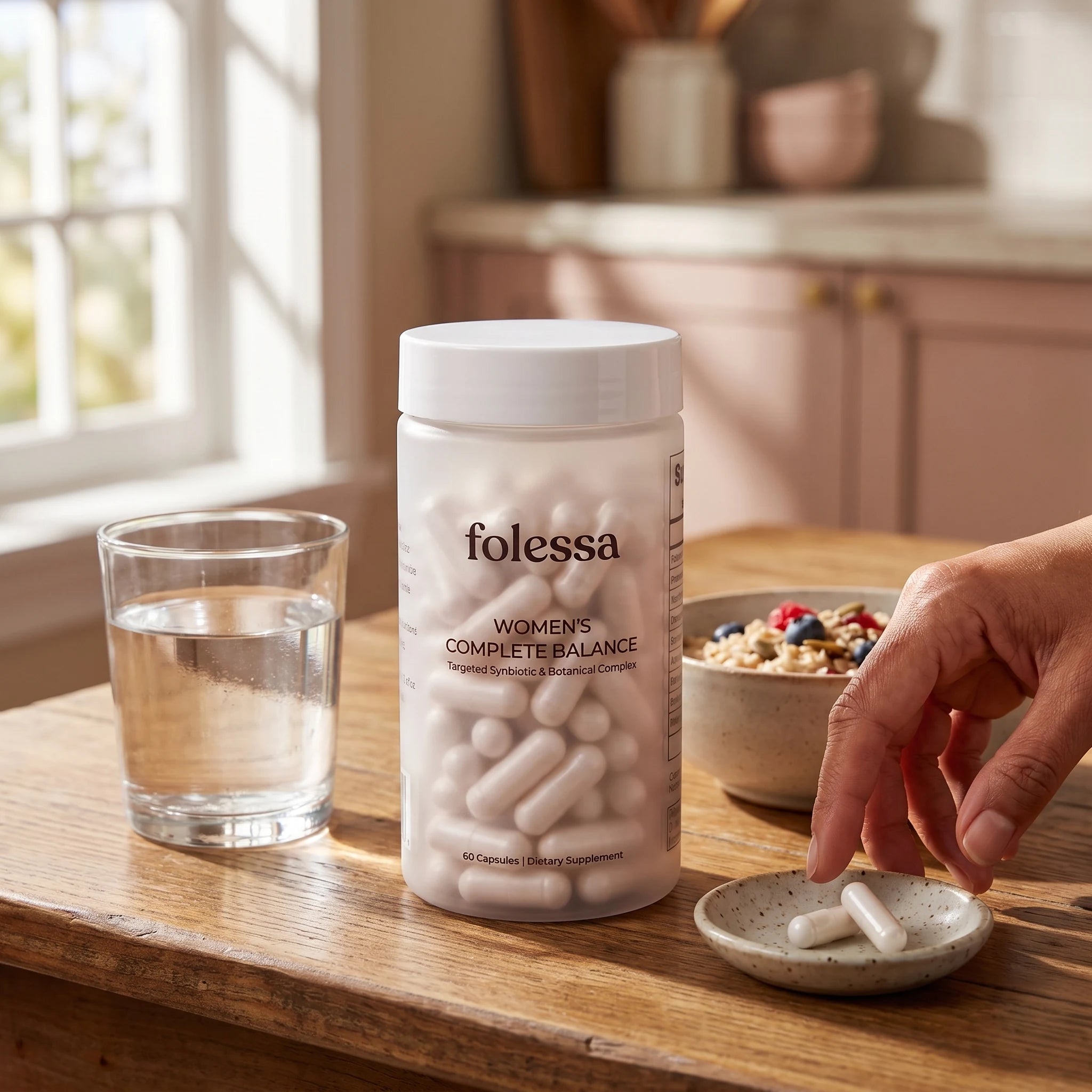 Folessa daily capsules beside breakfast and water